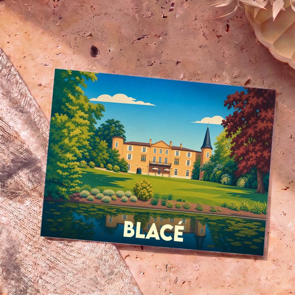 Carte postale souvenir de la ville de Blacé avec une illustration stylisée de son château bordant un plan d'eau.