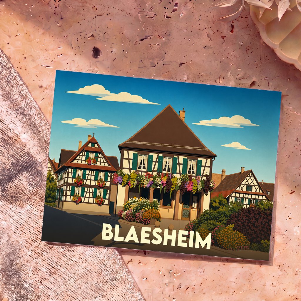 Carte postale souvenir de la ville de Blaesheim avec une illustration stylisée de maisons à colombages fleuries.