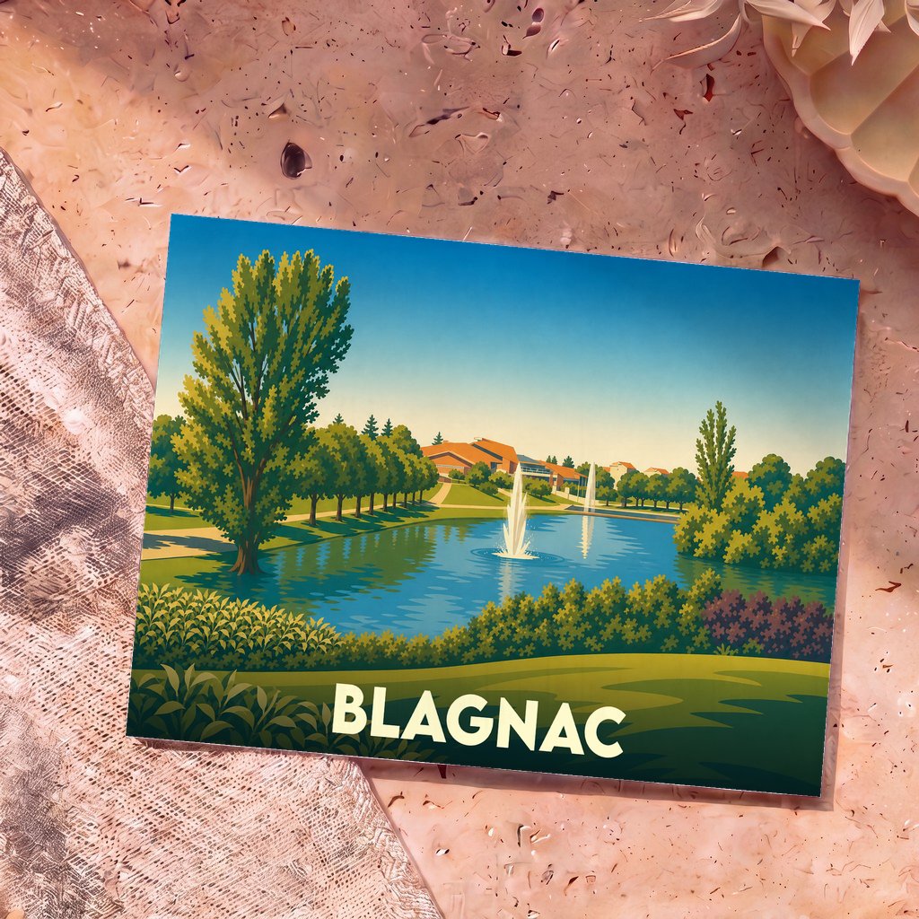 Carte postale souvenir de la ville de Blagnac avec une illustration stylisée de son parc et de ses jets d'eau.