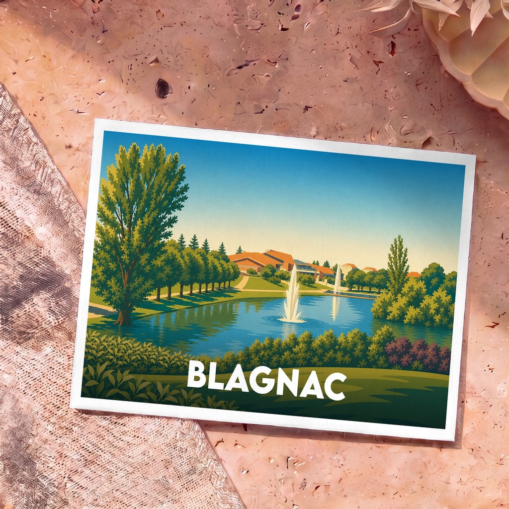 Carte postale souvenir de la ville de Blagnac avec une illustration stylisée de son parc et de ses jets d'eau.