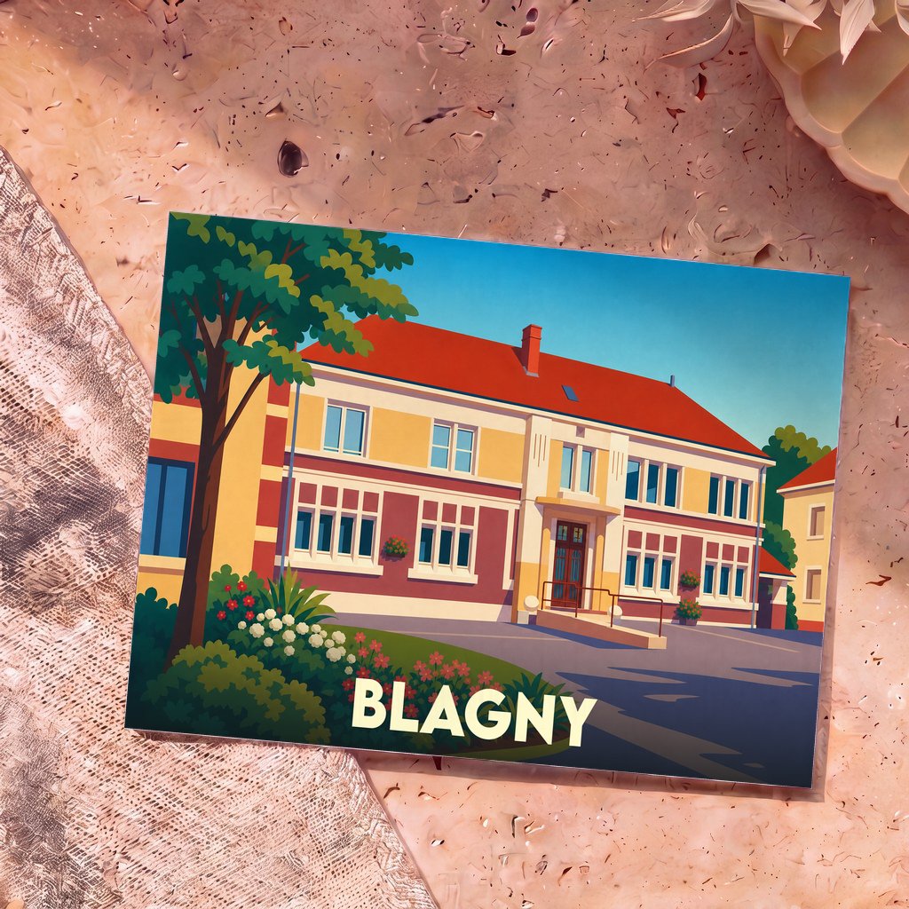 Carte postale souvenir de la ville de Blagny illustrant son école communale avec un style graphique épuré.