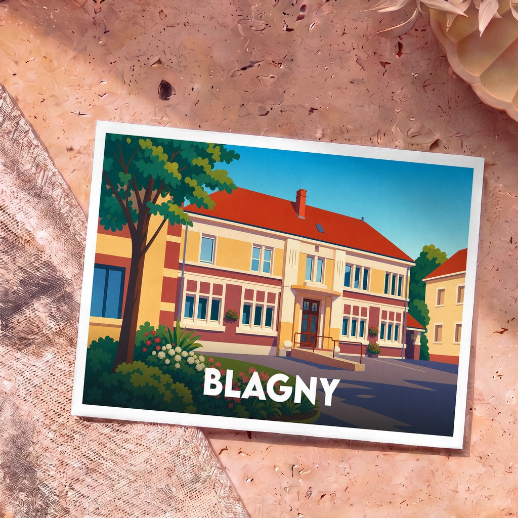 Carte postale souvenir de la ville de Blagny illustrant son école communale avec un style graphique épuré.