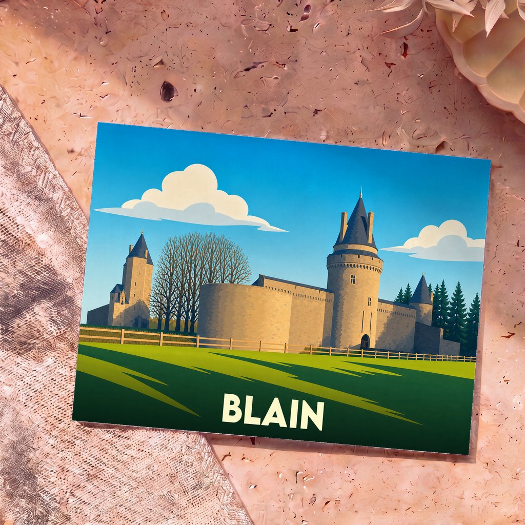 Carte postale souvenir de la ville de Blain illustrant son château médiéval dans un style graphique épuré.