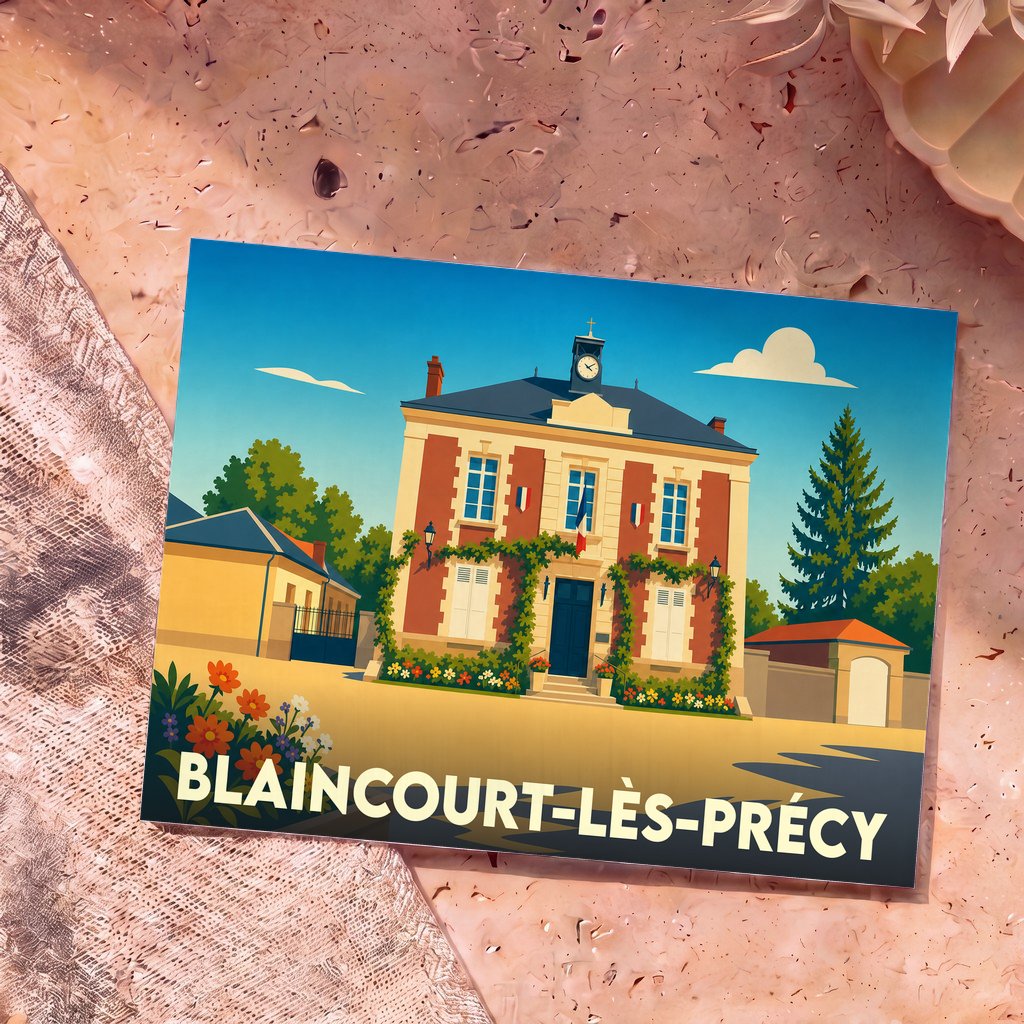 Carte postale souvenir de la ville de Blaincourt-lès-Précy avec une illustration stylisée de sa mairie.