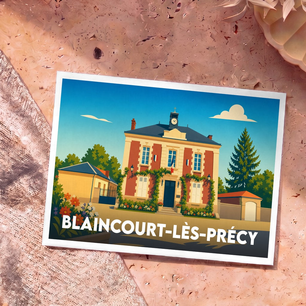 Carte postale souvenir de la ville de Blaincourt-lès-Précy avec une illustration stylisée de sa mairie.