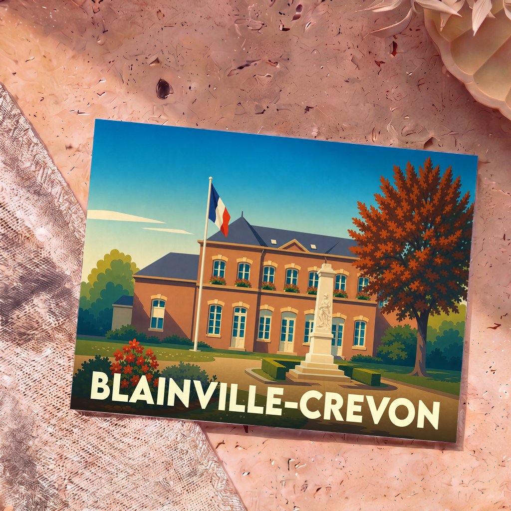 Carte postale souvenir de la ville de Blainville-Crevon avec une illustration stylisée de la mairie et de son monument.