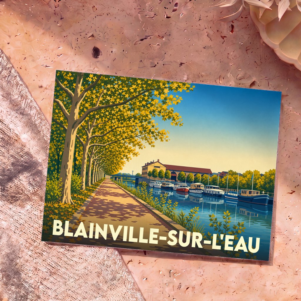 Carte postale souvenir de la ville de Blainville-sur-l'Eau avec une illustration stylisée de son canal bordé d'arbres.