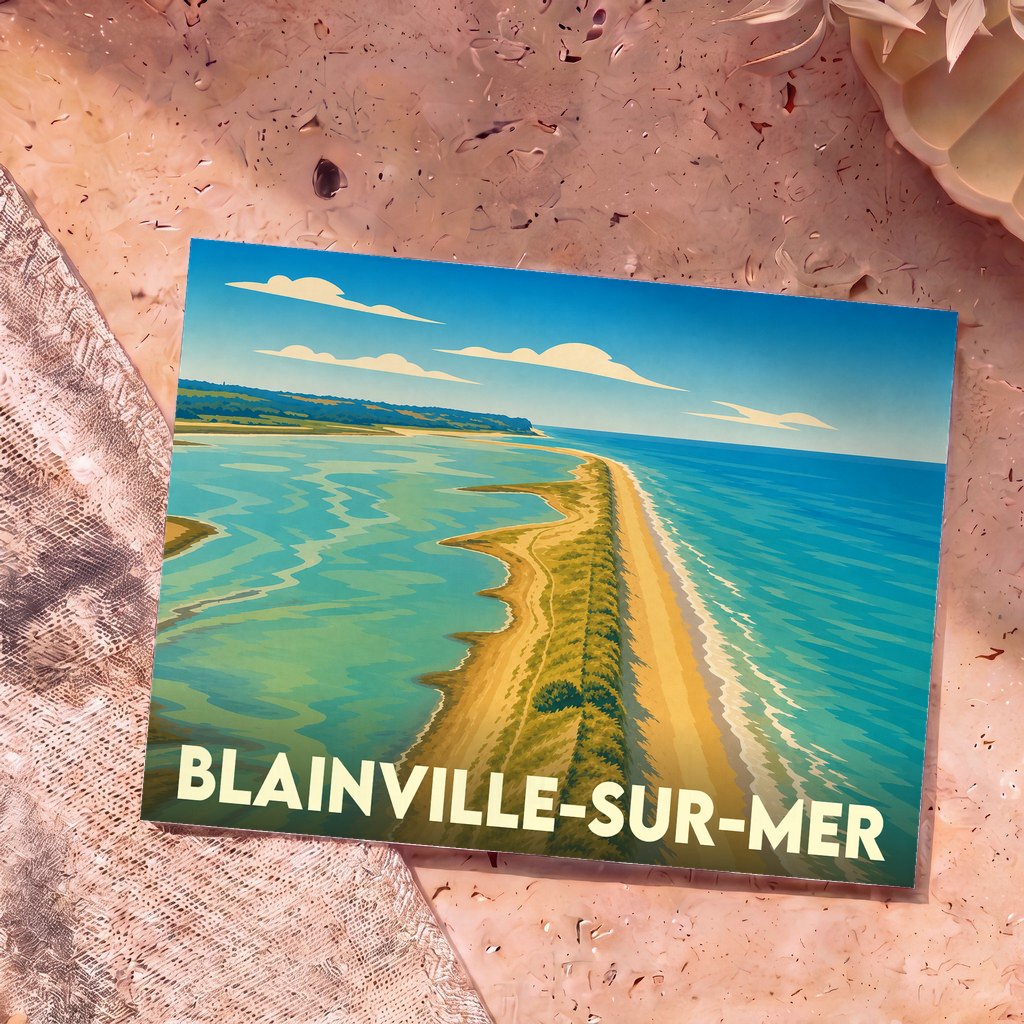 Carte postale souvenir de Blainville-sur-Mer illustrant une vue aérienne stylisée de son littoral sauvage.