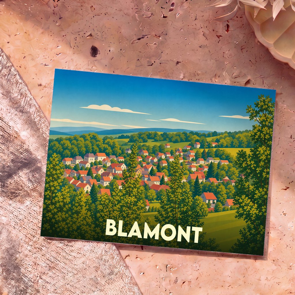 Carte postale souvenir de la ville de Blamont avec une illustration stylisée d'un village niché dans une vallée verdoyante.