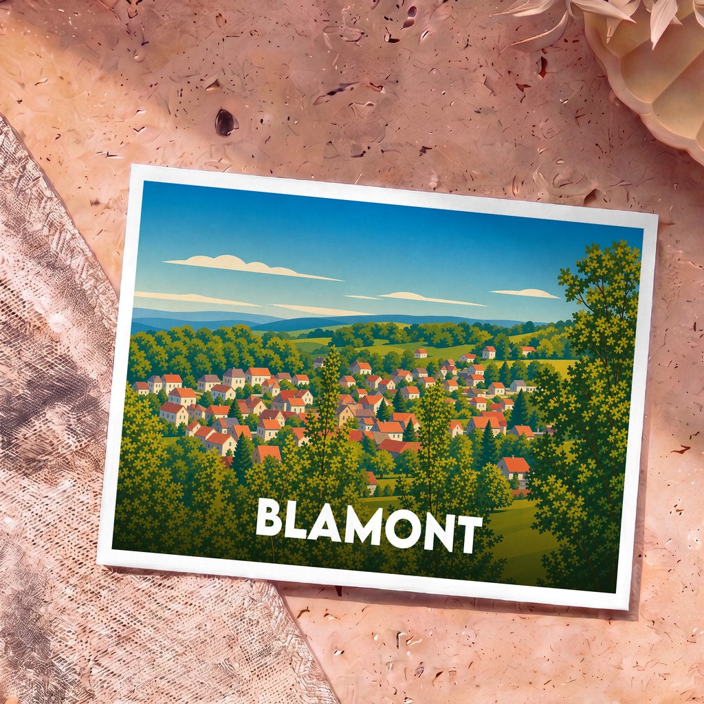 Carte postale souvenir de la ville de Blamont avec une illustration stylisée d'un village niché dans une vallée verdoyante.