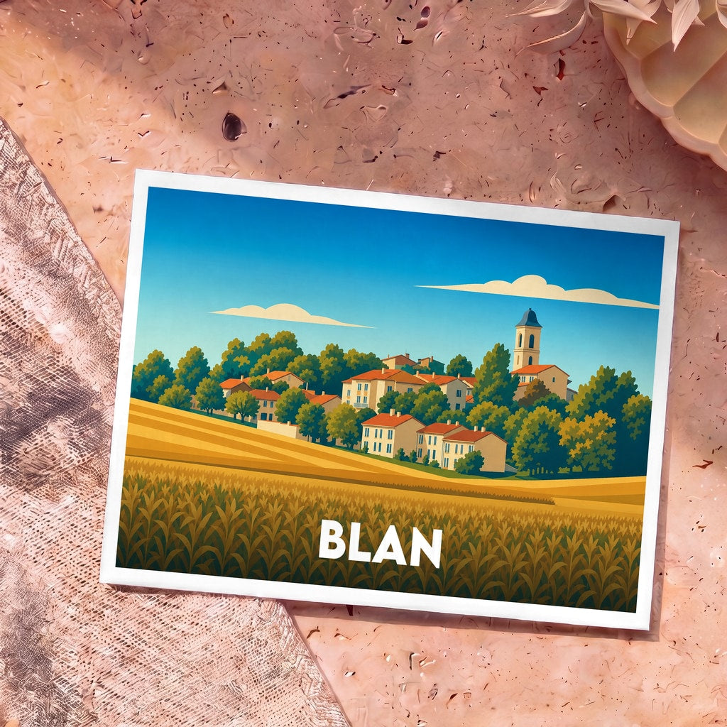 Carte postale souvenir de la ville de Blan avec une illustration stylisée d'un village occitan et de ses champs.