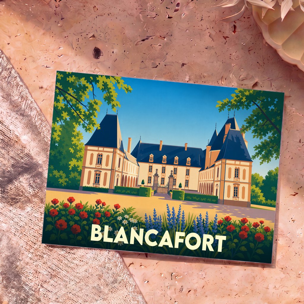 Carte postale souvenir de Blancafort avec une illustration stylisée d'un château et ses jardins fleuris.