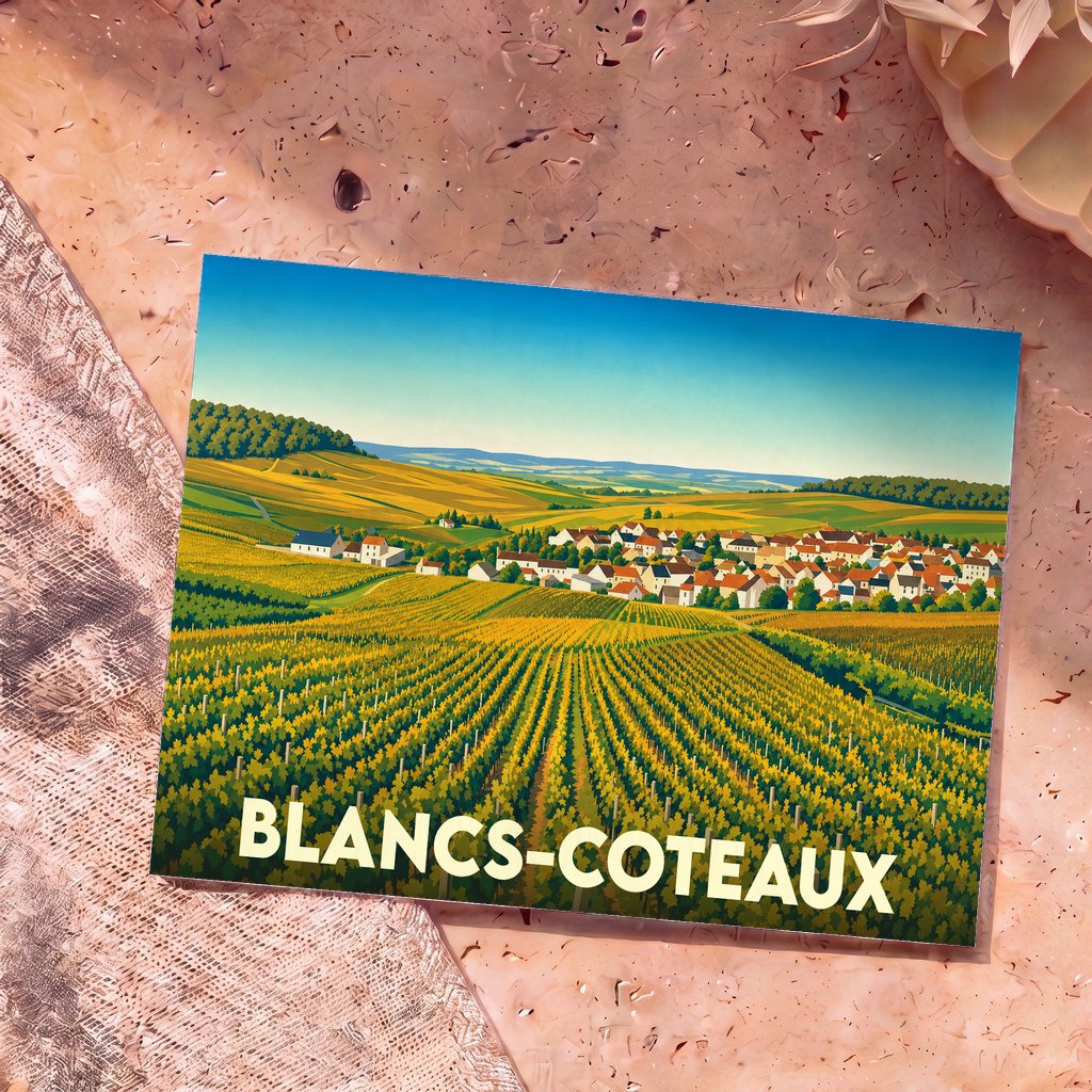 Carte postale souvenir de la ville de Blancs-Coteaux illustrant un paysage de vignobles et un village typique dans un style graphique épuré.