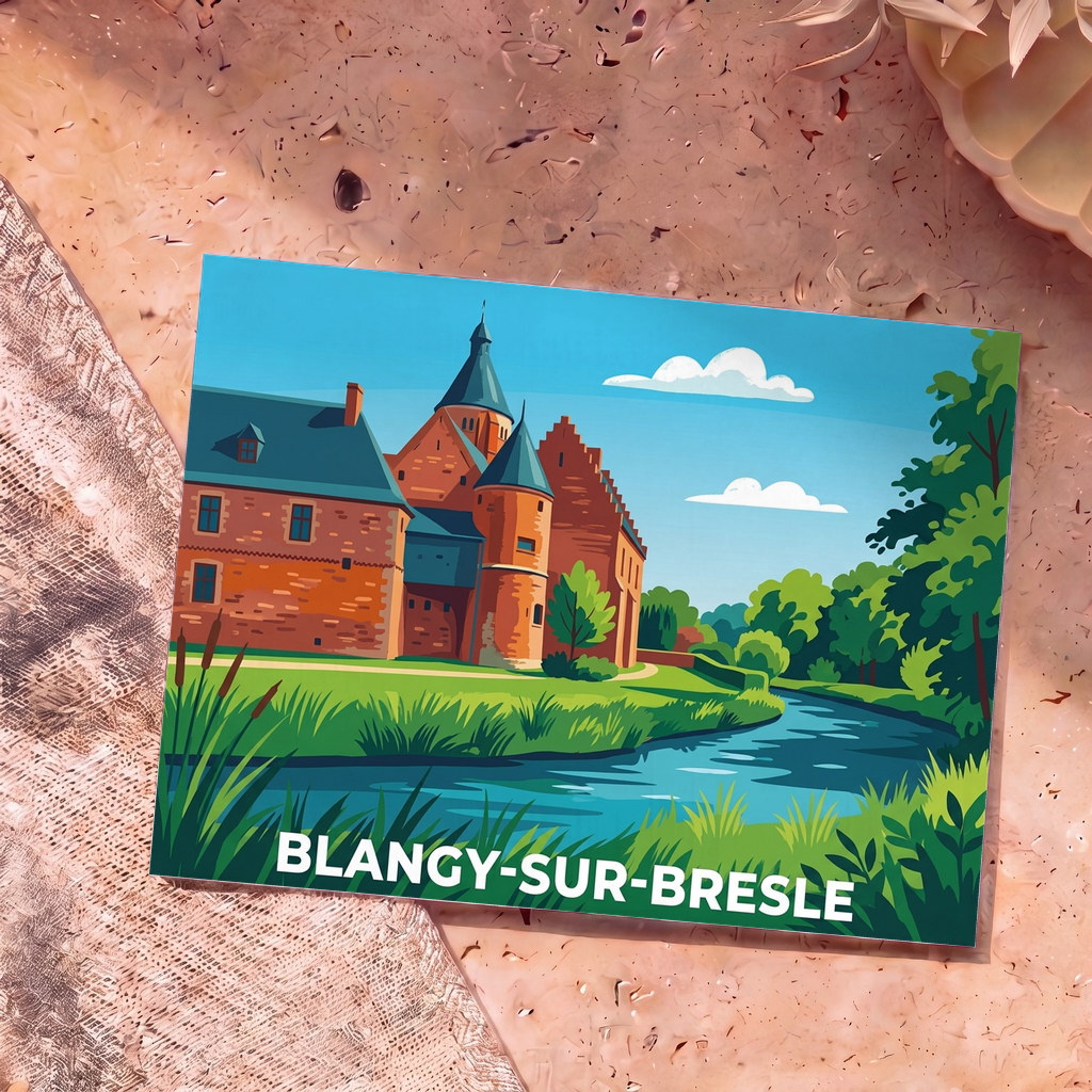 Carte postale souvenir de Blangy-sur-Bresle présentant une illustration stylisée et colorée d'un château au bord de l'eau.