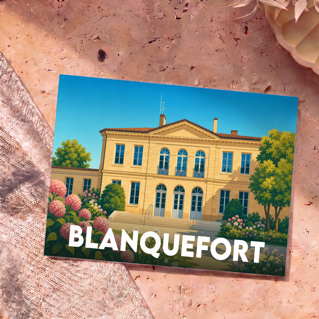 Carte postale souvenir de la ville de Blanquefort arborant une illustration stylisée d'un château néoclassique.