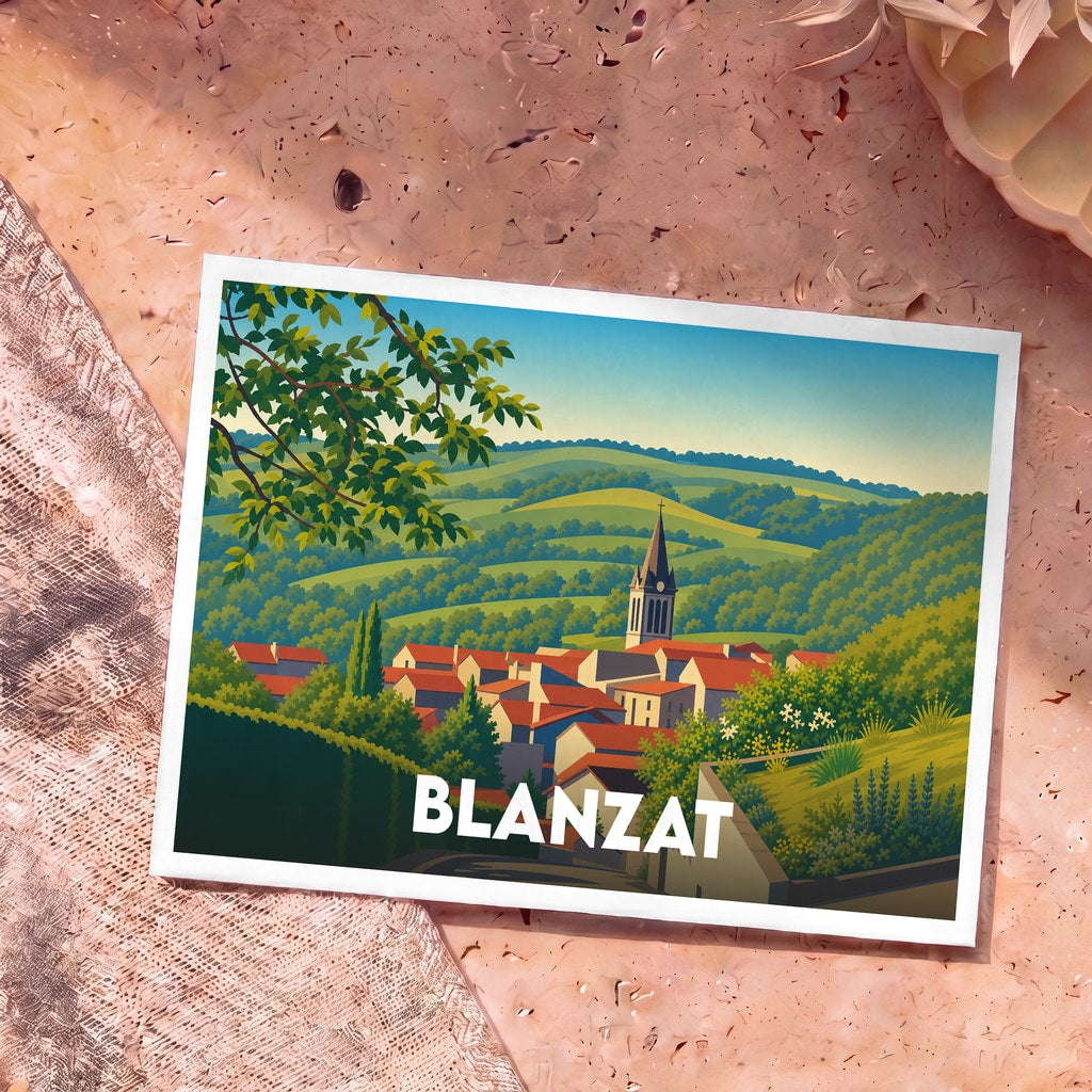 Carte postale souvenir de la ville de Blanzat illustrant un paysage de village vallonné dans un style rétro.