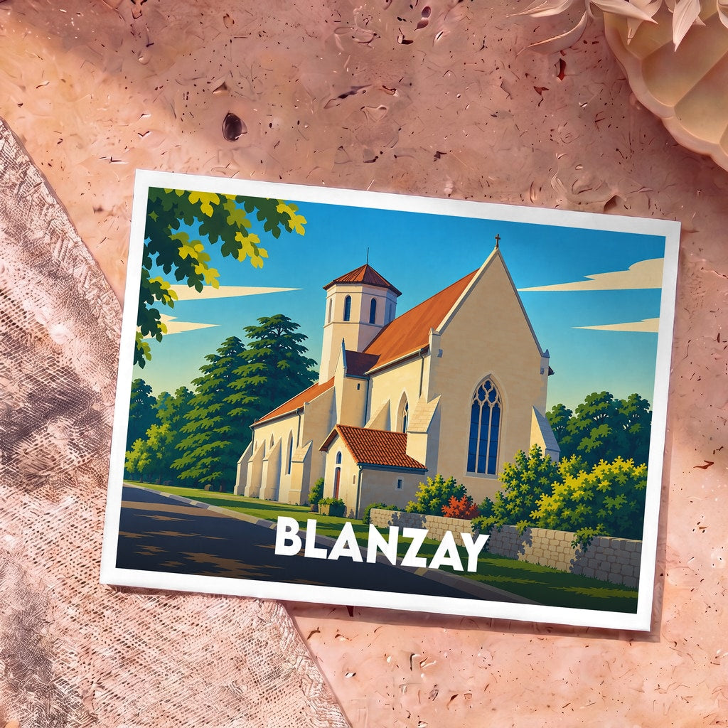 Carte postale souvenir de la ville de Blanzay illustrant une église de style roman sous un ciel bleu.