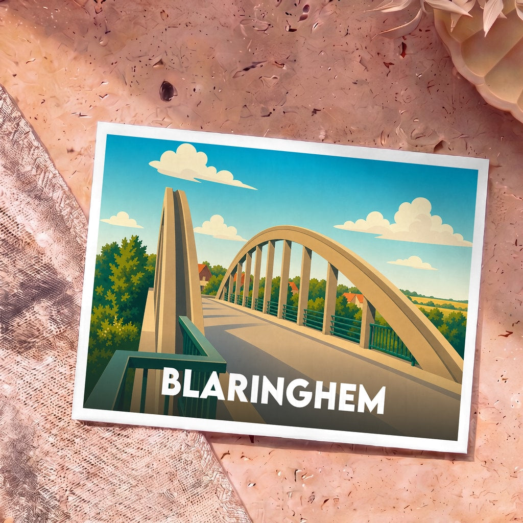 Carte postale souvenir de la ville de Blaringhem avec une illustration stylisée de son pont en arc.