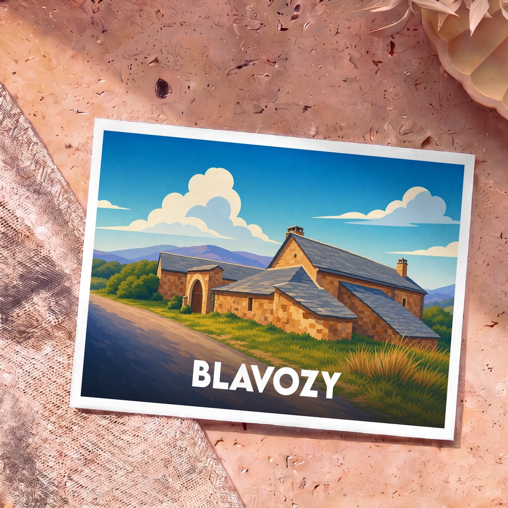 Carte postale souvenir de la ville de Blavozy avec une illustration stylisée d'un bâtiment traditionnel en pierre.