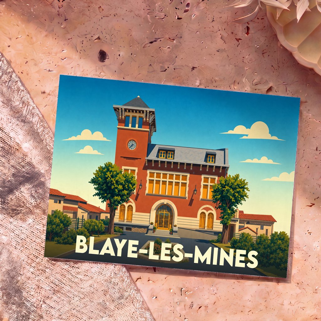Carte postale souvenir de Blaye-les-Mines illustrant l'hôtel de ville dans un style graphique épuré.