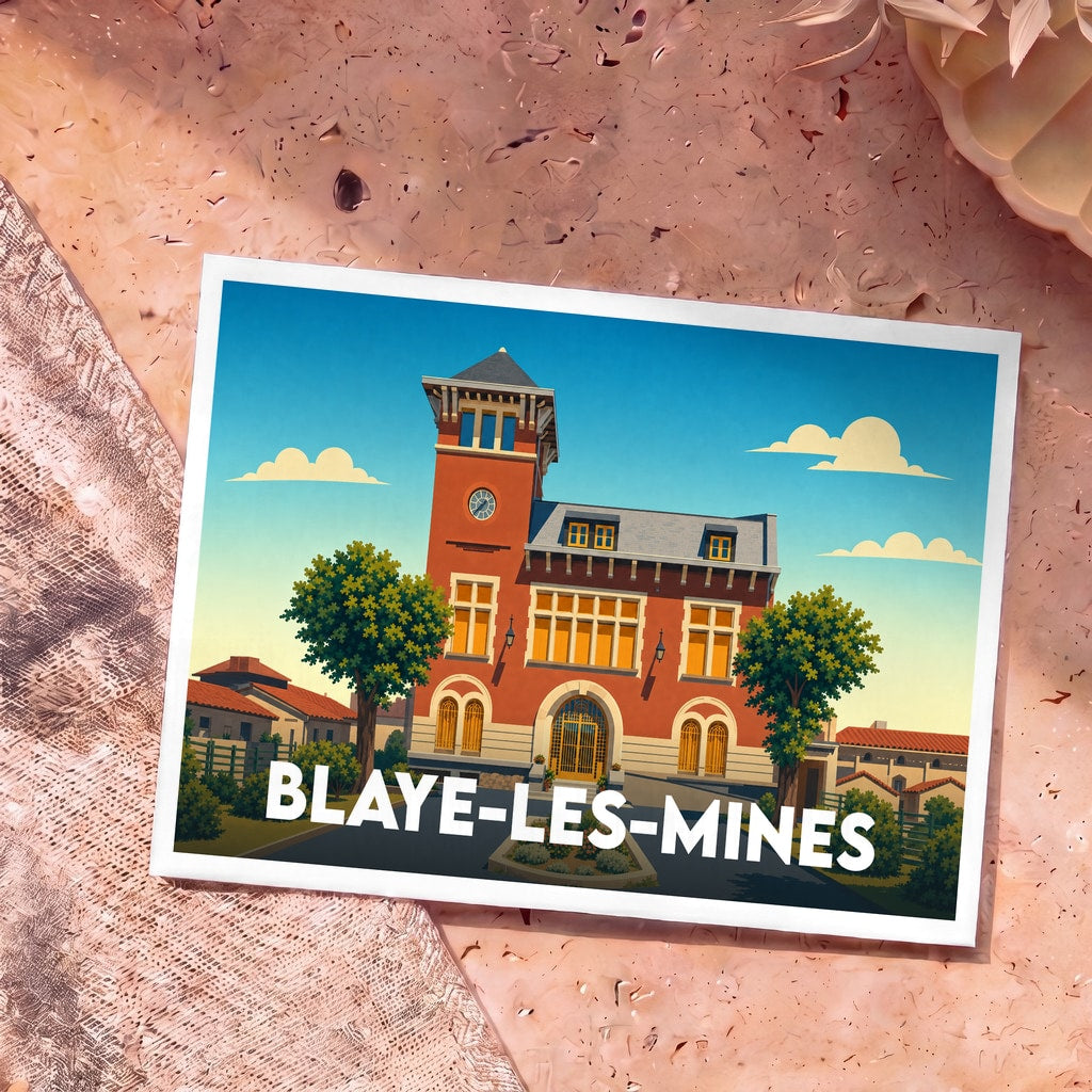 Carte postale souvenir de Blaye-les-Mines illustrant l'hôtel de ville dans un style graphique épuré.