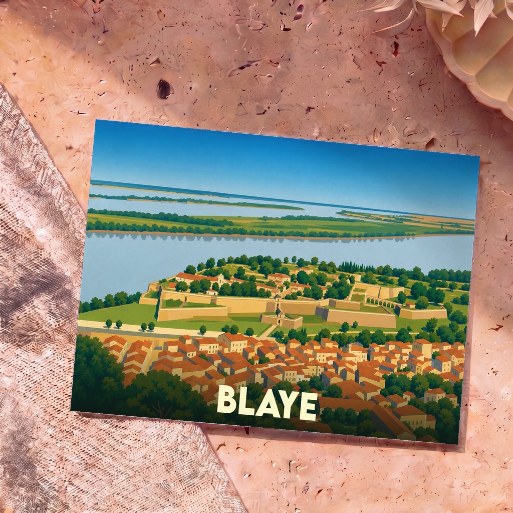Carte postale souvenir de la ville de Blaye illustrant sa citadelle surplombant l'estuaire dans un style graphique épuré.