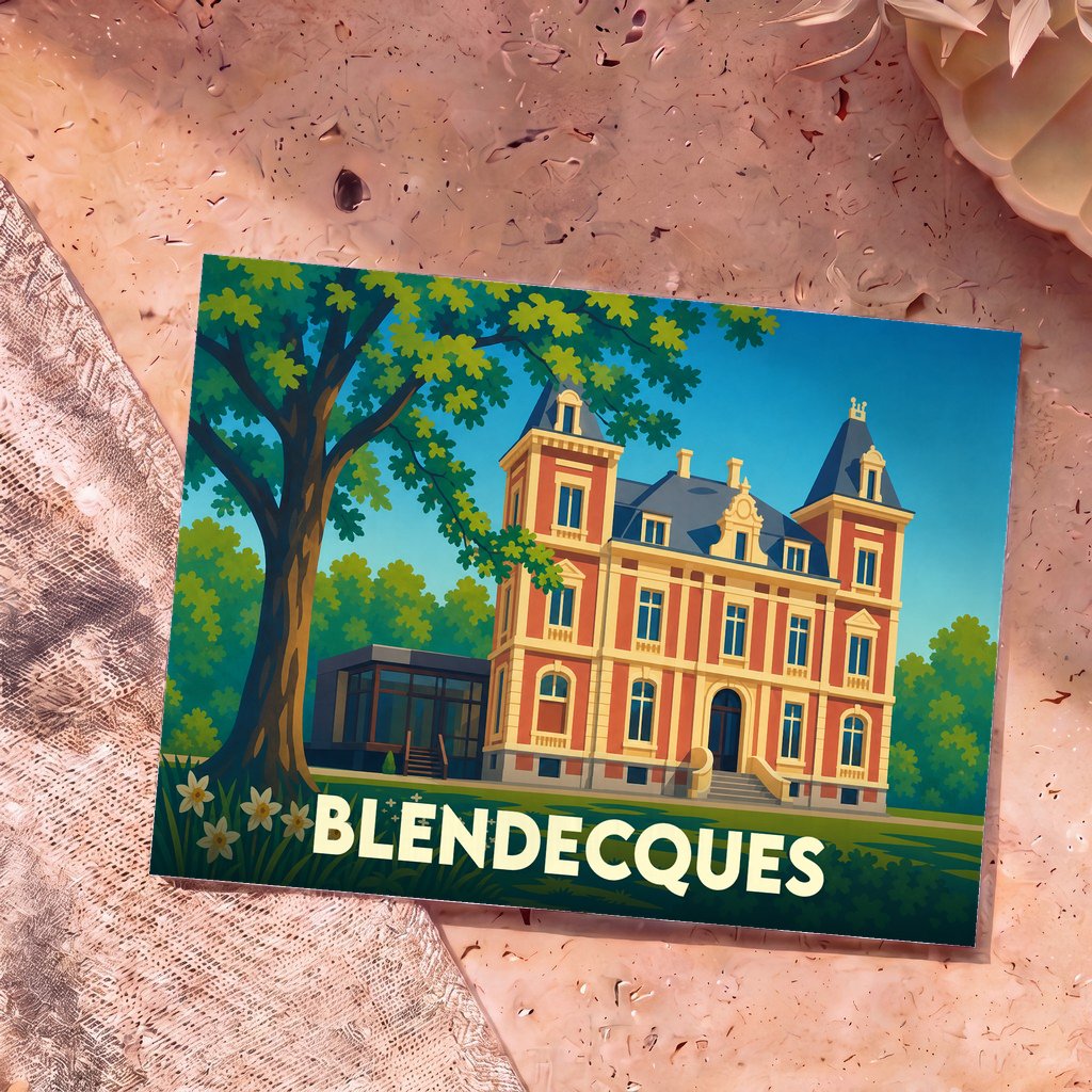 Carte postale souvenir de la ville de Blendecques illustrant un château coloré dans un style graphique épuré.