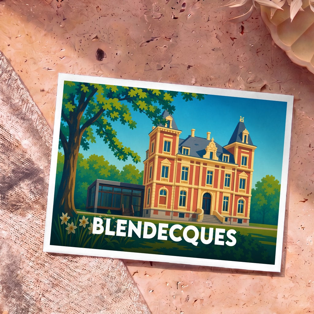 Carte postale souvenir de la ville de Blendecques illustrant un château coloré dans un style graphique épuré.