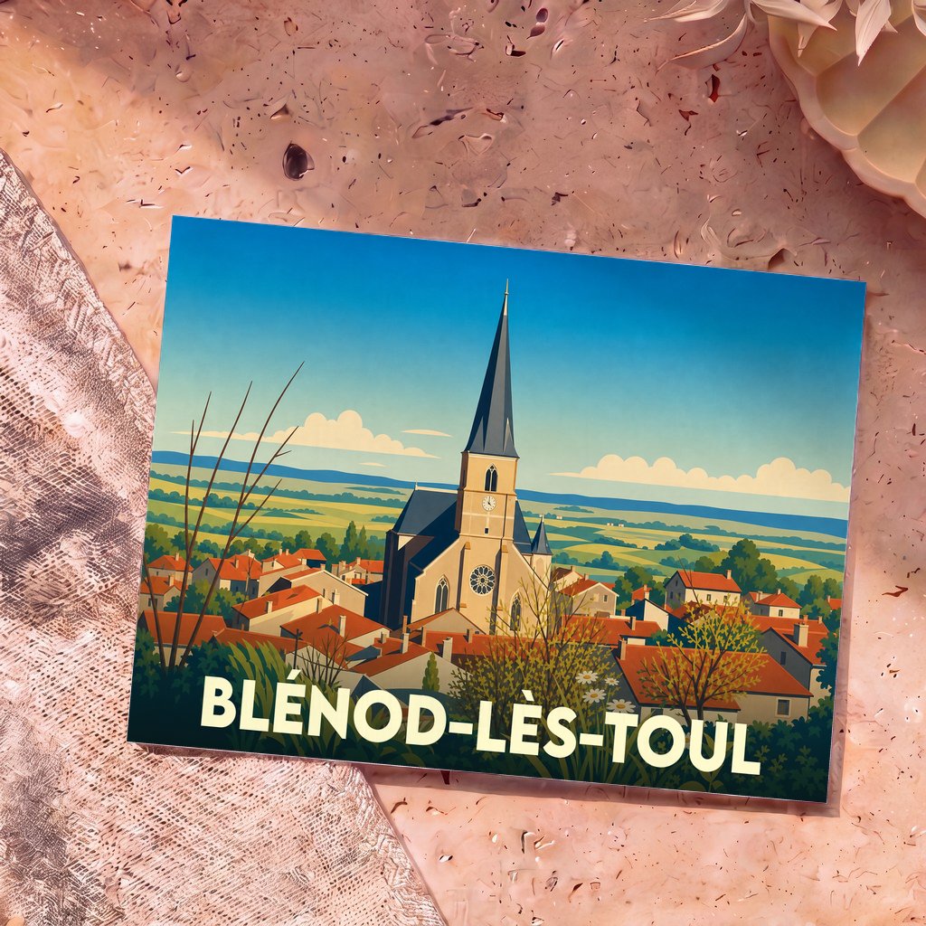Carte postale souvenir de Blénod-lès-Toul illustrant son église et les paysages environnants dans un style graphique épuré.
