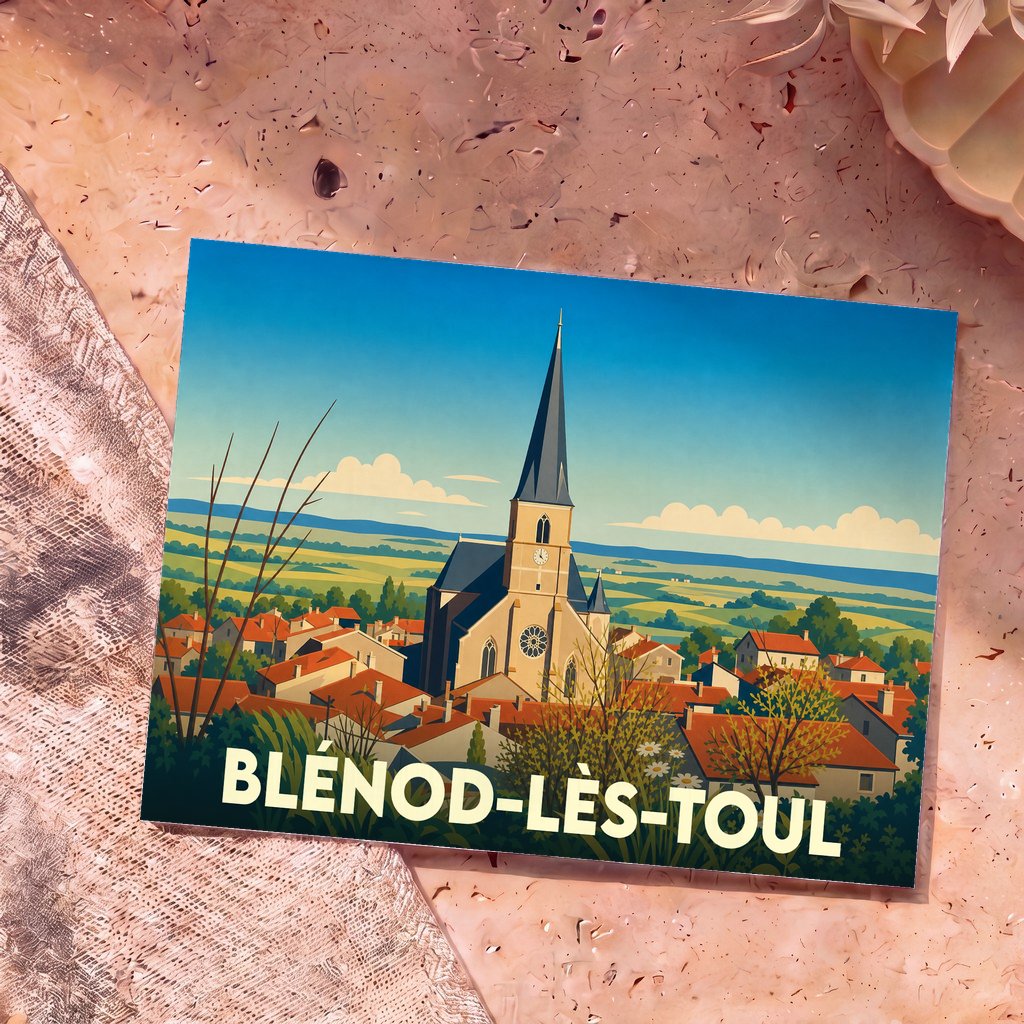 Carte postale souvenir de la ville de Blénod-lès-Toul avec une illustration stylisée de son église et de ses toits.