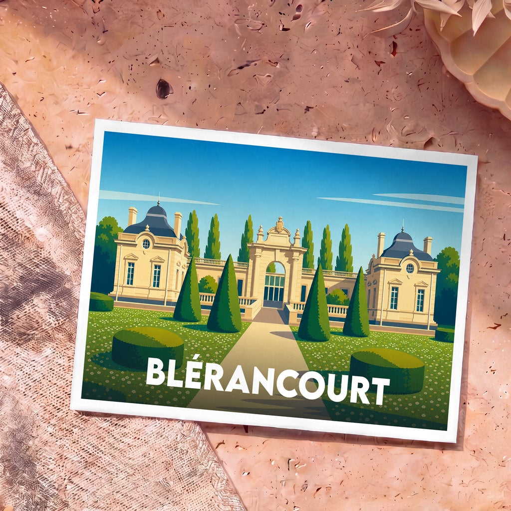 Carte postale souvenir de la ville de Blérancourt avec une illustration stylisée de son château et de ses jardins.