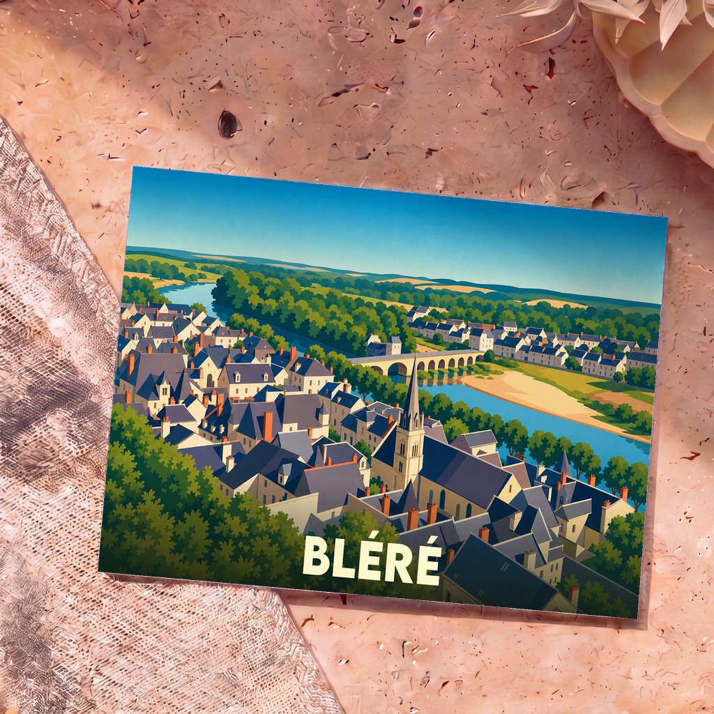 Carte postale souvenir de la ville de Bléré avec une illustration stylisée vue du ciel représentant le village et son pont au bord de l'eau.
