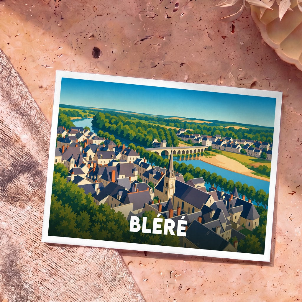 Carte postale souvenir de la ville de Bléré avec une illustration stylisée vue du ciel représentant le fleuve et ses maisons traditionnelles.
