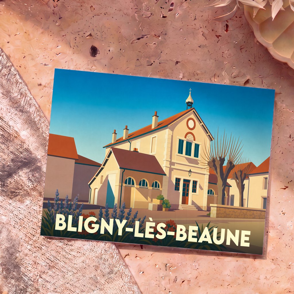 Carte postale souvenir de la ville de Bligny-lès-Beaune avec une illustration stylisée de son architecture.