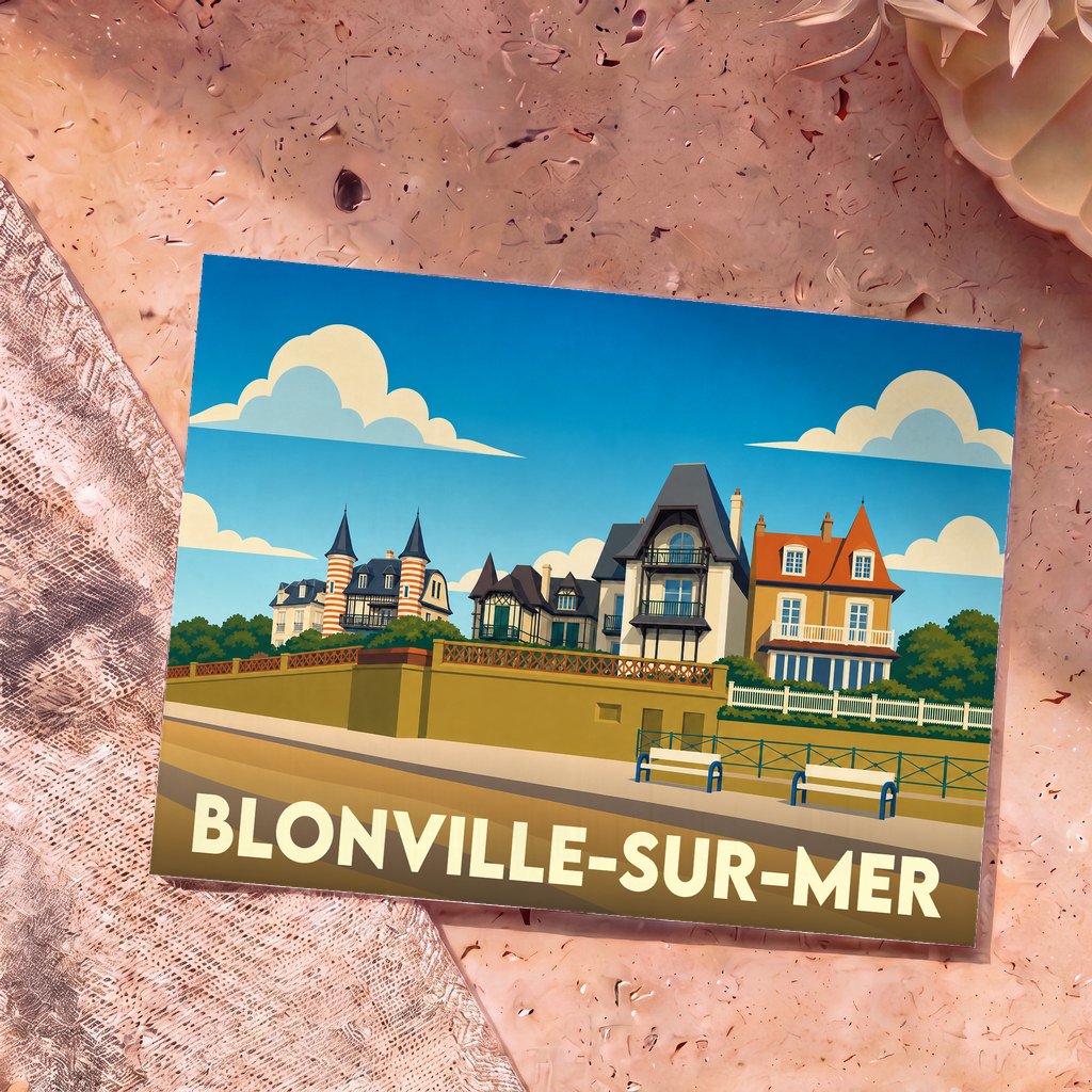 Carte postale souvenir de la ville de Blonville-sur-Mer avec une illustration stylisée de villas côtières.