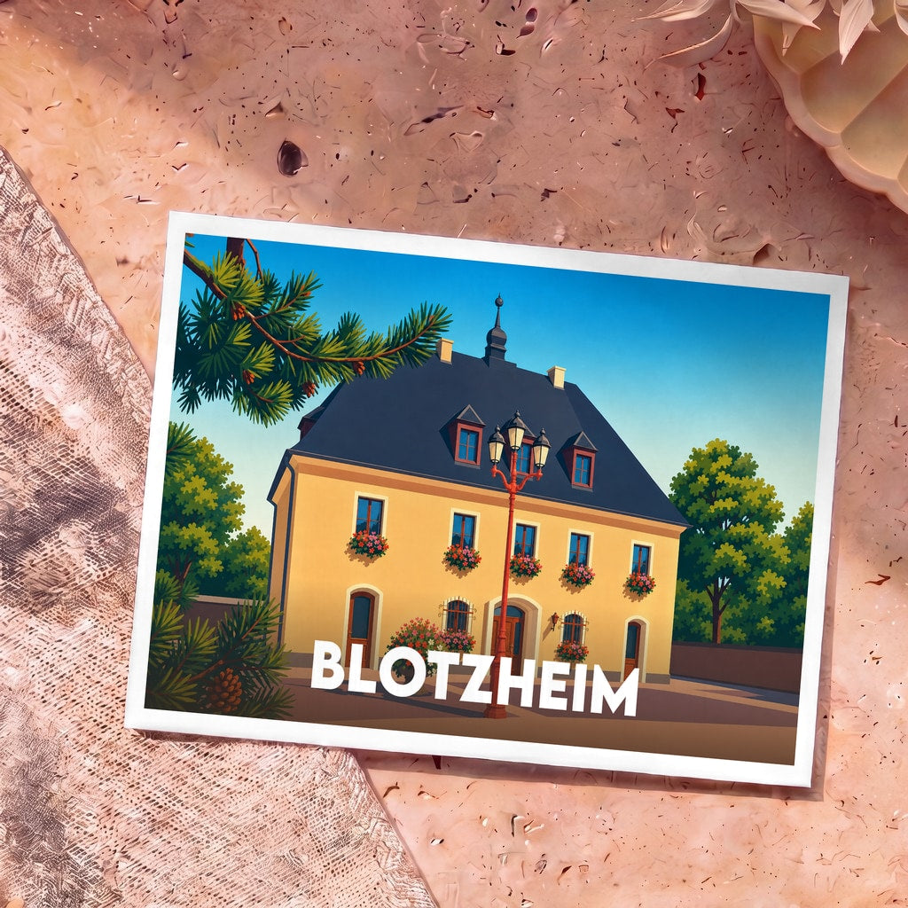 Carte postale souvenir de la ville de Blotzheim avec une illustration stylisée d'un bâtiment traditionnel fleuri.