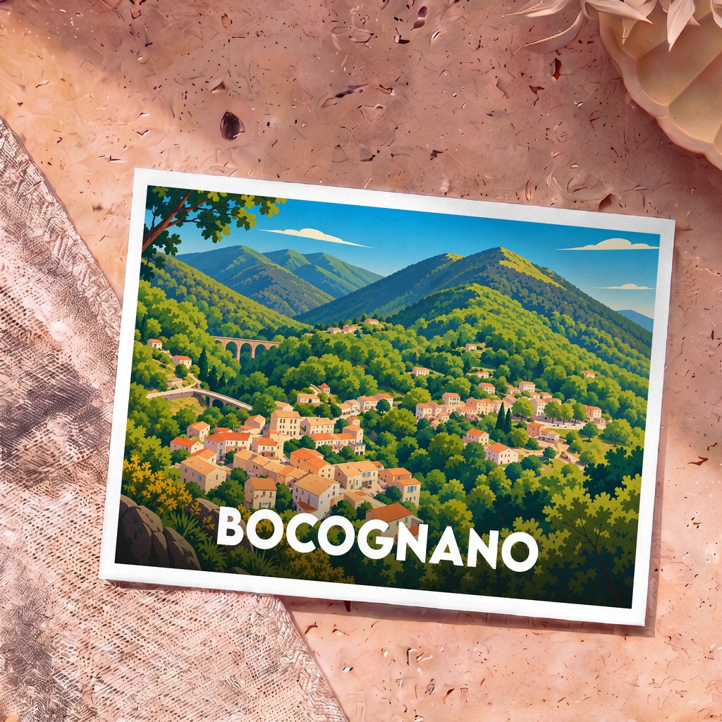 Carte postale souvenir de la ville de Bocognano illustrant un village corse niché dans des montagnes verdoyantes.
