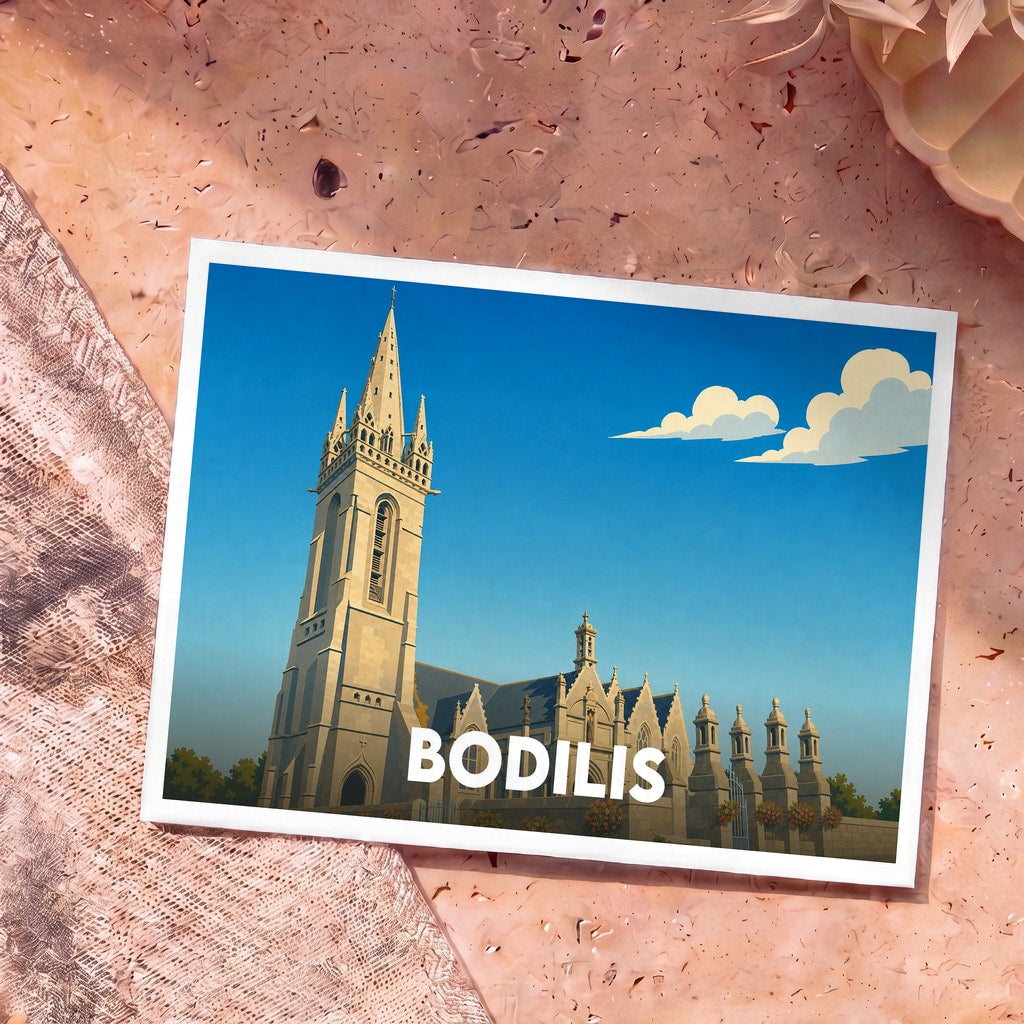 Carte postale souvenir de la ville de Bodilis avec une illustration stylisée de son église paroissiale.