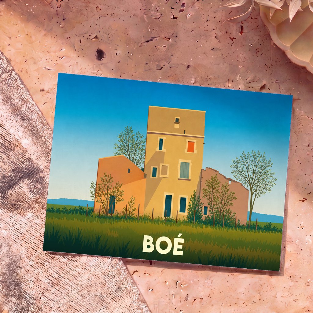 Carte postale souvenir de la ville de Boé avec une illustration stylisée d'une bâtisse traditionnelle.