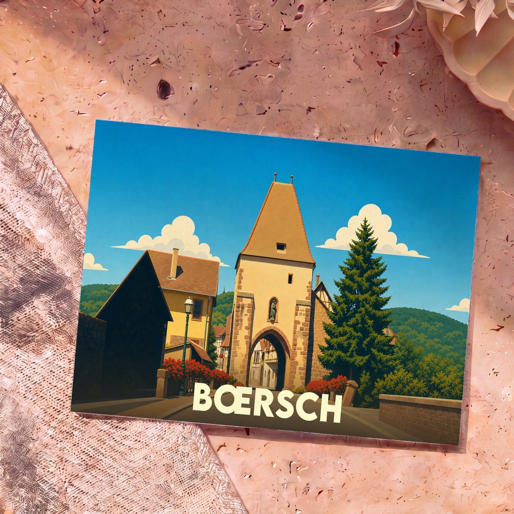 Carte postale souvenir de la ville de Bœrsch illustrant une porte médiévale typique dans un style graphique épuré.
