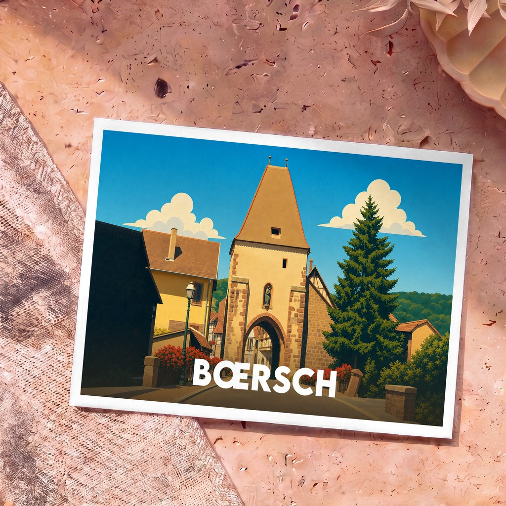 Carte postale souvenir de la ville de Bœrsch illustrant une porte médiévale typique dans un style graphique épuré.