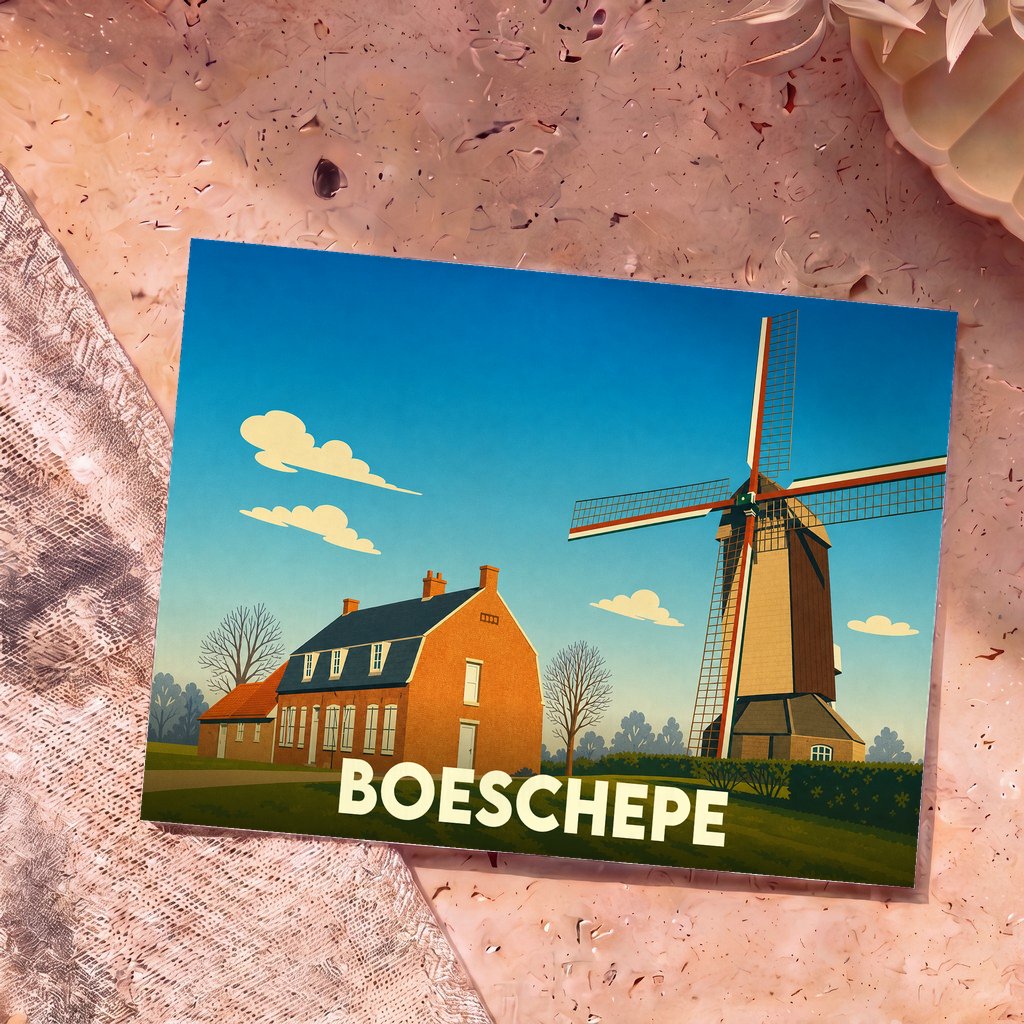 Carte postale souvenir de la ville de Boeschepe illustrant un moulin et une maison flamande dans un style épuré.