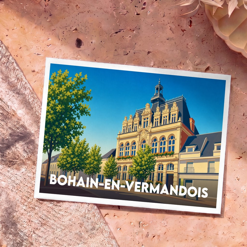 Carte postale souvenir de la ville de Bohain-en-Vermandois avec une illustration stylisée de son hôtel de ville.