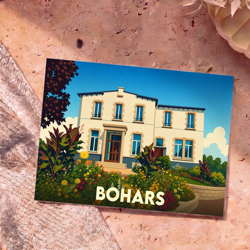 Carte postale souvenir de la ville de Bohars illustrant une grande demeure entourée d'un jardin fleuri.