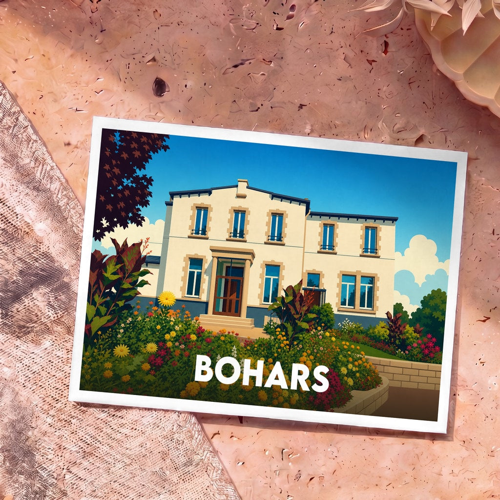 Carte postale souvenir de la ville de Bohars illustrant une grande demeure bourgeoise entourée de jardins fleuris.