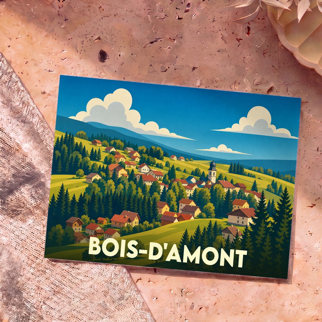 Carte postale souvenir de la ville de Bois-d'Amont avec une illustration stylisée de ses paysages montagneux.