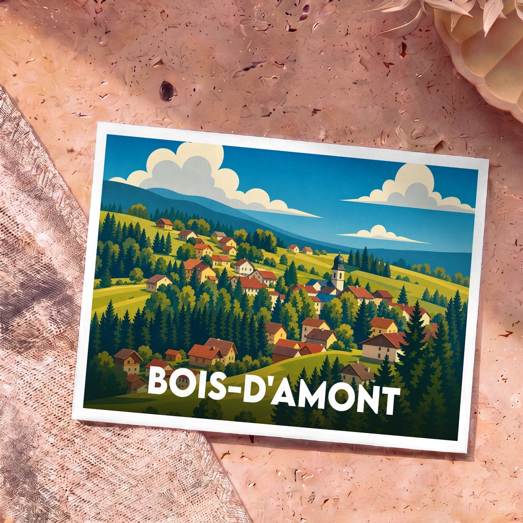 Carte postale souvenir de la ville de Bois-d'Amont avec une illustration stylisée de ses paysages montagneux.
