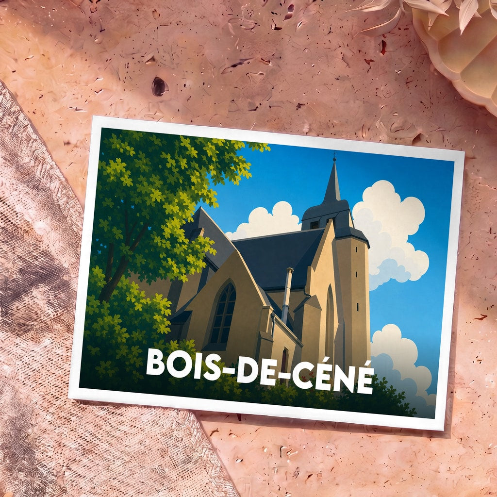 Carte postale souvenir de la commune de Bois-de-Céné illustrant son église dans un style graphique épuré.