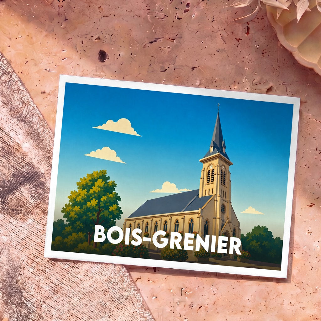 Carte postale souvenir de la ville de Bois-Grenier avec une illustration stylisée de son église.