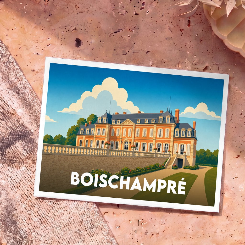 Carte postale souvenir de la ville de Boischampré illustrant un château majestueux dans un style graphique épuré.